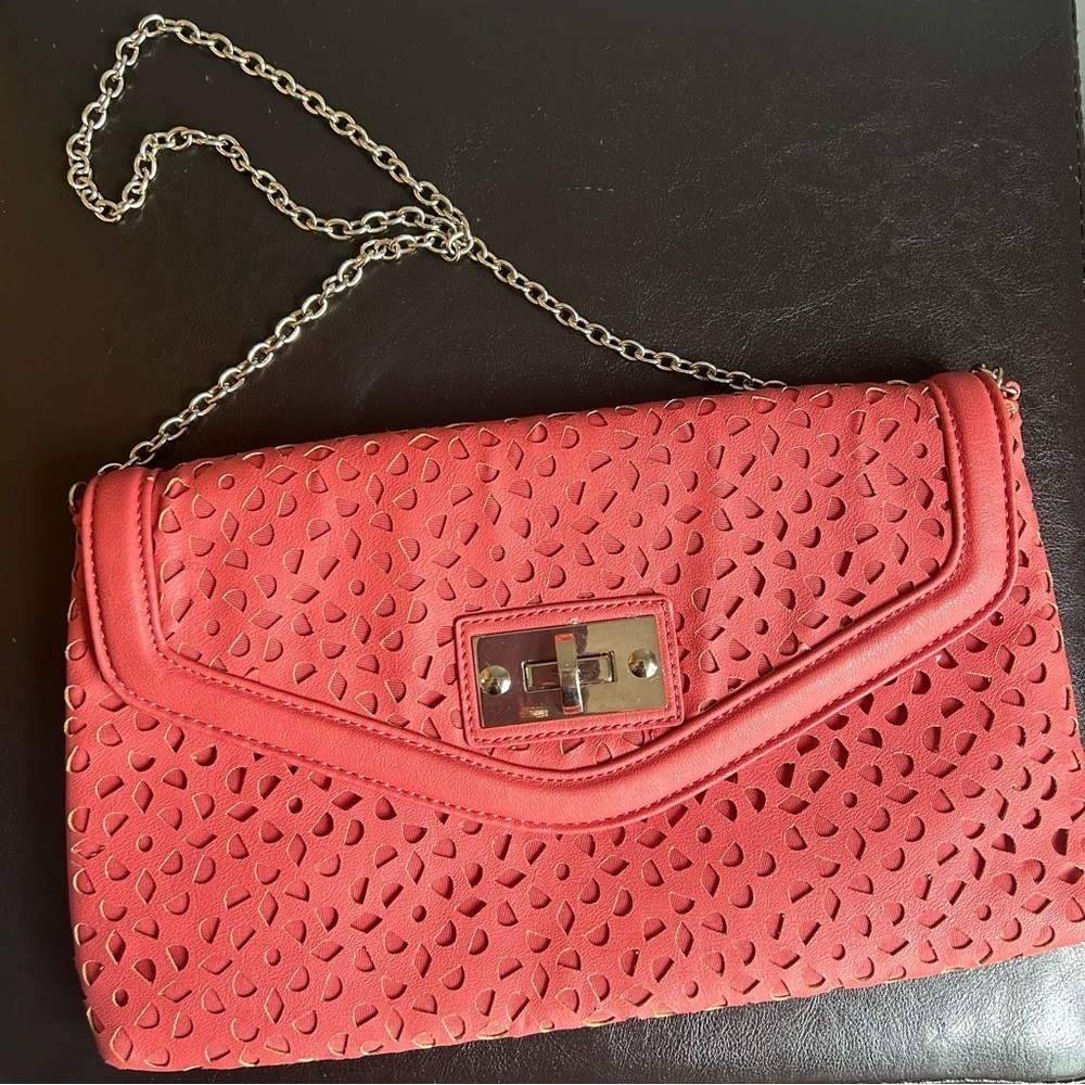 Aldo Coral Colour Laser Cut Shoulder Bag with Gold Chain Strap